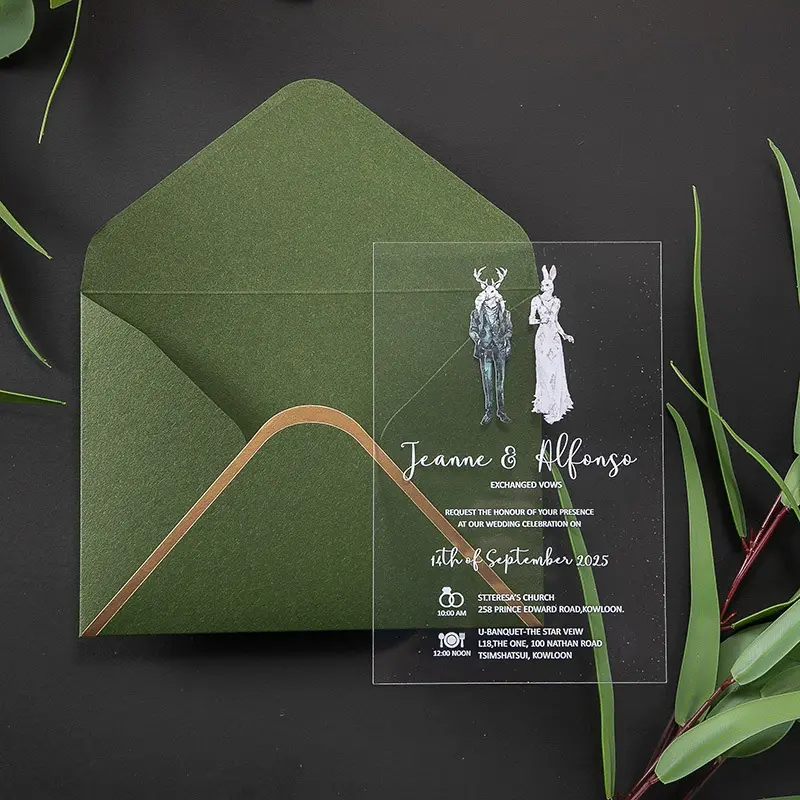 Wedding Supplier Hot Sale Muslim Clear Acrylic Wedding Invitation Cards With Green Paper Velvet Envelopes