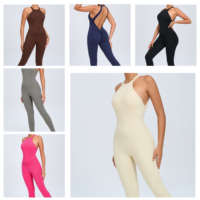 Combinaison de yoga dos nu à col rond pour femme, effet push-up fessier, amincissante, sans manches, avec soutien-gorge intégré, justaucorps de fitness