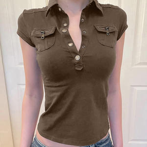 Camiseta de Cuello Polo Ajustada para Mujer, con Bolsillo con Cremallera, Manga Corta, Botones, Estilo Y2K, Moda Urbana - Product Image 5