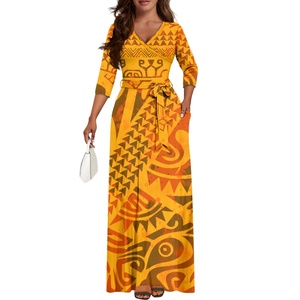 Venta al por mayor Popular <span class=keywords><strong>Marquesan</strong></span> estilo polinesio tatuaje personalizado ecológico Casual Formal Normcore mujer vestido largo con cuello en V - Product Image 4