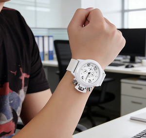 Montre de sport <span class=keywords><strong>MEGIR</strong></span> <span class=keywords><strong>2002</strong></span> G noire et blanche, grand boîtier, bracelet en cuir, acier inoxydable, silicone, pour le sport, la course et le business - Product Image 6