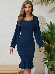 Robe élégante de style européen et américain, unie, à manches longues, col carré, ajustée, jupe sirène mi-longue - Product Image 6