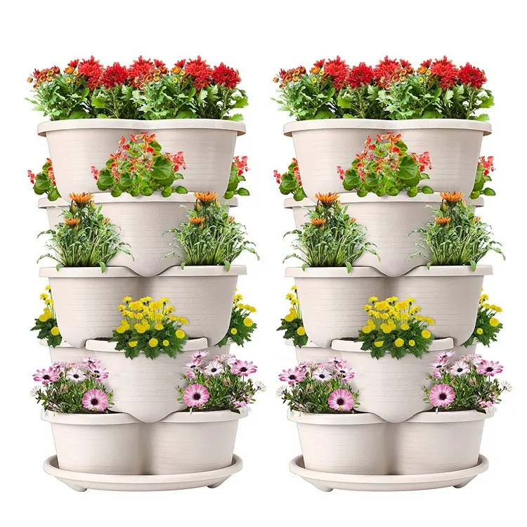 Vasos plásticos de jardim, fabricante vertical, potes empilháveis, vaso de flores com 5 camadas, jardinagem, 3 morangos, plantador empilhável ao ar livre