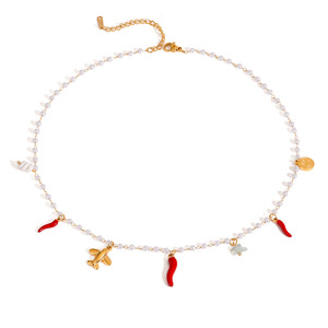 สร้อยคอประดับมุกพร้อมจี้รูปพริกสีแดงมุกเทียมสีทองเครื่องประดับแฟชั่น - Product Image 5