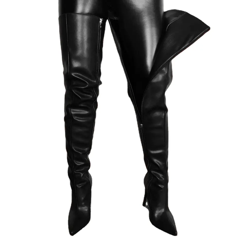 Solid Color Winter Pointed Toe Leather Thigh High Boots Sexy Thin Heel Over Knee Women Boots with Side Zip
