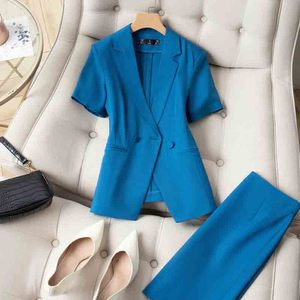 Women's Blue Short Sleeve Suit Set Breathable Worsted Office Lady Business Commute Workwear - Product Image 1