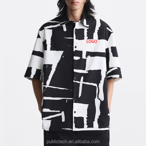 Custom Men's Button <b>Shirt</b> <b>Short</b> <b>Sleeve</b> Black Snd <b>White</b> Geometric Jacquard Button up and Down Lapel <b>Shirt</b> <b>Short</b> for Men - Product Image 4