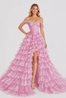 Robe de soirée rose à épaules dénudées ornée de diamants, haute couture, en tulle scintillant, à volants, pour le bal et les événements.