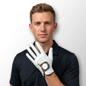 Gant de golf à imprimé feuilles tropicales, toucher cuir blanc doux, côtés des doigts colorés, perforations respirantes, main gauche, homme, sport - Product Image 1