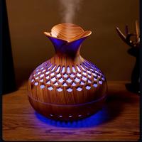 Humidificateur de bureau à design creux, alimenté par USB, diffuseur d'arômes en forme de vase à fleurs en grain de bois, humidificateur silencieux à brume froide, décoration d'intérieur, cadeau
