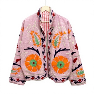 Chaqueta Varsity Suzani de Invierno, Tejida a Mano, con Bordado Floral de Pato, Ecológica, 100% Algodón, con Elegante Cuello Mandarín - Product Image 1