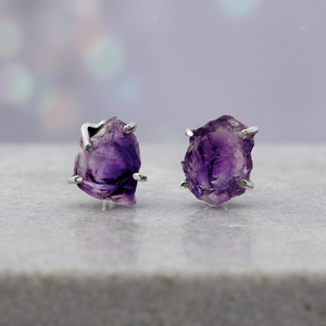 Natural Raw Sterling <b>Silver</b> <b>Stud</b> Earrings Amethyst Rough Gemstone Handcrafted Prong Setting Customized Wedding & Party Jewelry - Product Image 2