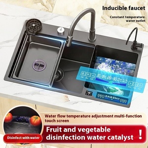 Đen thông minh hiển thị kỹ thuật số Nhà bếp siêu âm bát đôi bồn rửa với thác nước vòi nước cho hộ gia đình nhà bếp - Product Image 2