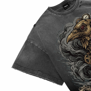 <b>Men's</b> Vintage Distress Acid Wash T Shirt <b>Punk</b> Mechanical Raven Head with Letter Print Oversized Short Sleeve Tees for Wholesale - Product Image 4