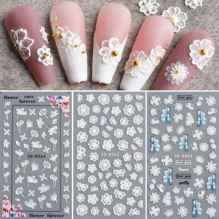 Japanese Hollowed 5D White Butterfly Bride Nail Decal Nail Art Sticker Flower