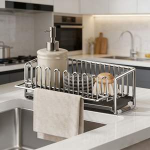 ชั้นวางของสแตนเลสทรงสี่เหลี่ยมรูปตัว L สำหรับอ่างล้างจานในครัว ที่แขวนผ้าเช็ดจาน - Product Image 2