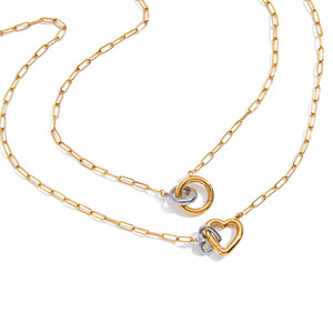 Heart Shaped Double <b>Ring</b> Pendant <b>Necklace</b> Gold Silver Color Block Geometric Design Unisex Everyday Wear - Product Image 5