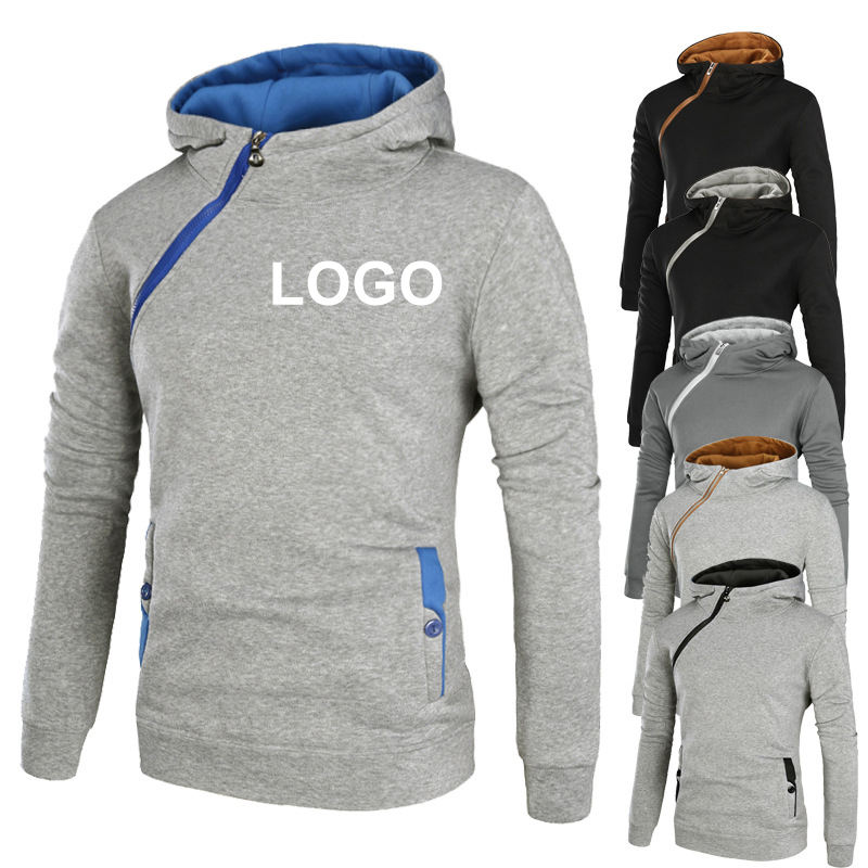 Winter Custom logo Oblique Half Zipper Hoodies Casual Sweatshirt With  Colorful Hood Men