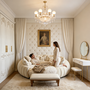 <span class=keywords><strong>Cama</strong></span> Redonda <span class=keywords><strong>de</strong></span> Lujo Moderna Italiana, Estilo Puff Crema Suave, Tamaño King, Muebles Tapizados para Dormitorio Principal, Hotel, Estilo Princesa - Product Image 5