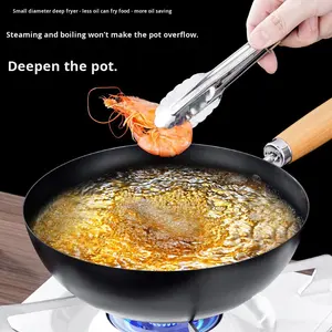 HENGCW Poêle antiadhésive en nitrure de fer non revêtue, forgée <span class=keywords><strong>à</strong></span> la main, <span class=keywords><strong>à</strong></span> fond unique, pour friture profonde, wok traditionnel, poêle <span class=keywords><strong>à</strong></span> sauté - Product Image 2