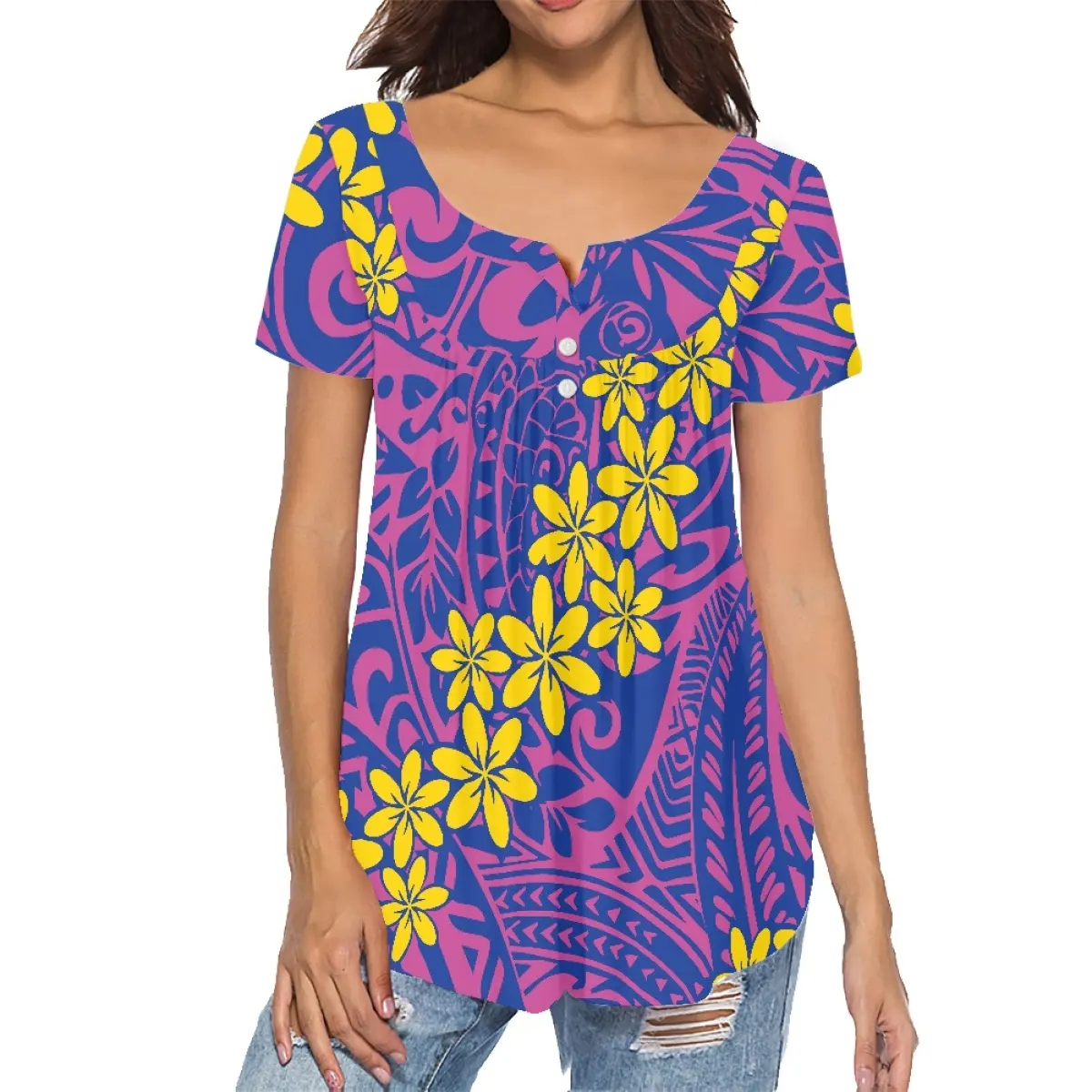 Kaus wanita musim panas motif Plumeria gaya Tribal polinesian kaus wanita Streetwear trendi ukuran Plus kaus lengan pendek pabrik terbaru