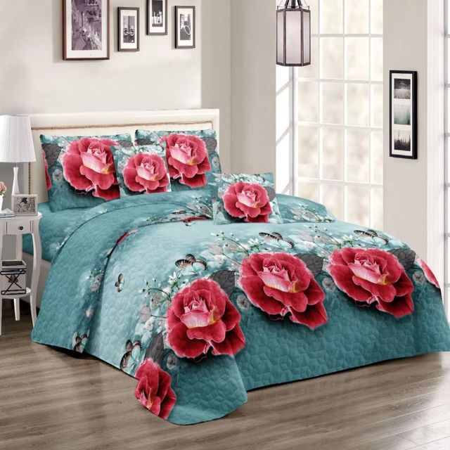 3D Printed Embroidery Quilting Polyfiber Filling Soft Fabric Bedroom Blanket Quilt Bedspread Bed Cover Set