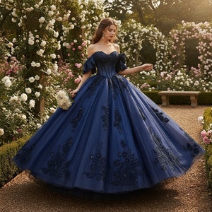 Vestido de Quinceañera Azul Marino Brillante Dy6905 con Encaje Mexicano y Cuentas, Vestidos de 15 Años, Vestido de Princesa para Fiesta de 16 Años, Jancember - Product Image 1
