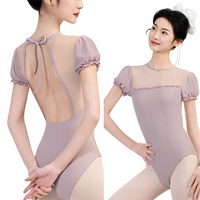 Maillot de Ballet con Lazo Trasero y Malla para Mujer, Body de Danza de Nailon con Manga Abullonada, Ropa de Danza para Entrenamiento de Gimnasia