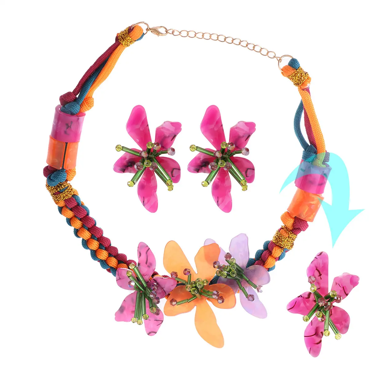 Creative Color Resin Flower Necklace Sweet Photo Holiday Versatile Flower Ring Earring Fashion Jewelry Sets Wholesale for Women