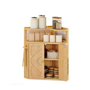 Mueble Esquinero de Bambú Estilo Boho con Puertas Talladas Geométricas, Estante de Especias de 2 Niveles para Encimera de Cocina, para Café - Product Image 3