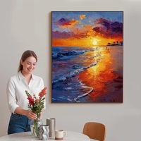 Peinture à l'huile de coucher de soleil sur plage, peinte à la main, technique impasto au couteau, paysage marin, art mural sur toile, décoration moderne pour la maison