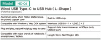Hub USB Type-C 3-in-1 Berkabel (Desain Bentuk-L) USB3.0*1 + USB2.0*2 Adaptor OTG untuk Ponsel Bahan Aluminium Alloy Tersedia