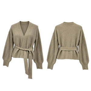<span class=keywords><strong>Cardigan</strong></span> en tricot à col en V pour <span class=keywords><strong>femme</strong></span> avec ceinture, pull enveloppant doux et chaud en maille côtelée taupe à manches longues lanternes pour l'hiver - Product Image 3