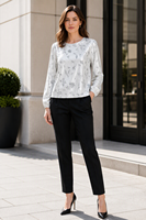 Chemisier pour femme argenté métallisé à motifs floraux, col rond, manches longues bouffantes avec poignets élastiques, coupe courte, élégant, décontracté, pour soirée, brillant