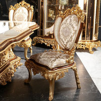 Ensemble de salle à manger de luxe en feuille d'or, 1 table et 6 chaises, style baroque royal, bois massif sculpté à la main, mobilier de palais, plateau en verre haute brillance