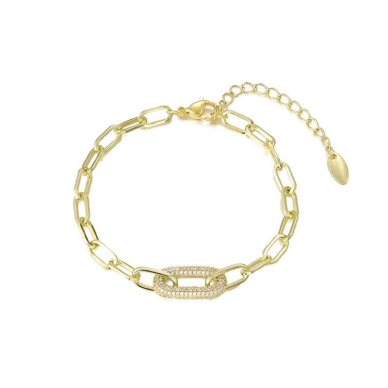 Venta al por mayor de joyería de moda personalizada 18K chapado en oro pulsera de latón circón grueso plano clip pulsera de cadena para mujeres niñas