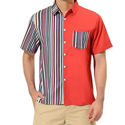 पुरुषों के रंग ब्लॉक लघु आस्तीन बटन नीचे आकस्मिक कपास चिथड़े प्रिंट शर्ट
