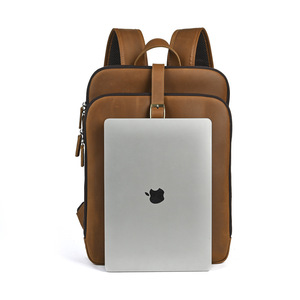 Men's Crazy Horse Leather <b>Backpack</b> <b>Large</b> Capacity Business Travel Laptop Bag Solid Color Dark Brown Light Brown - Product Image 3