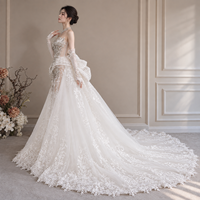 Robe de mariée sirène de luxe à col montant, ornée de cristaux, avec corset perlé illusion, en dentelle et tulle, traîne cathédrale, vente en gros