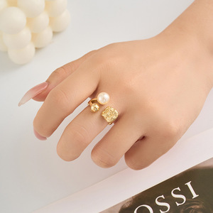 Pearl <b>Ring</b> Gold Textured Adjustable <b>Opening</b> Bezel Setting AAA Grade Round Geometric Shape Everyday Wear - Product Image 2