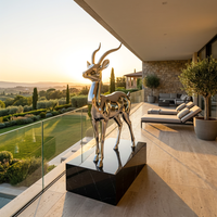 Escultura de Animales de Acero Inoxidable con Espejo Grande, Estatua de Antílope Acostado con Cuerno en Espiral para Exhibición de Arte en Paisajes Exteriores