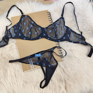 Hot Ultra-thin See Through Mesh Lingerie <b>Set</b> Flocking Bow Lace <b>Bra</b> Brief <b>Sets</b> <b>Sexy</b> Breathable Underwear - Product Image 1
