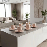 Ensemble tasse et soucoupe à café en céramique rose avec poignée dorée, service à thé vintage élégant, tasses à expresso de luxe pour cadeau, usage domestique ou café
