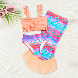 Ensemble <span class=keywords><strong>de</strong></span> maillot <span class=keywords><strong>de</strong></span> bain <span class=keywords><strong>sirène</strong></span> 3 pièces pour <span class=keywords><strong>fille</strong></span>, haut à volants couleur pêche, bas imprimé écailles, <span class=keywords><strong>queue</strong></span> en tulle, maillot <span class=keywords><strong>de</strong></span> bain bikini pour enfants pour la piscine - Product Image 2
