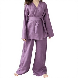 Ensemble Kimono et Pantalon Large en Lin pour Femme, Manches Longues, Style Cache-Cœur, avec Ceinture, Lin Naturel, Vente en Gros - Product Image 1