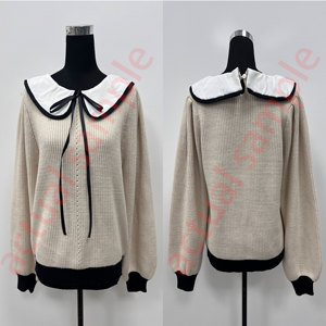 Maglione da Donna in <span class=keywords><strong>Maglia</strong></span> Waffle con <span class=keywords><strong>Colletto</strong></span> Peter Pan <span class=keywords><strong>Bianco</strong></span> a Contrasto e Fiocco Nero, Maniche Lunghe a Sbuffo, Pullover Lavorato a <span class=keywords><strong>Maglia</strong></span> Bicolore - Product Image 5