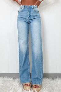 Jeans de Mezclilla Azul Claro Shewin 2025, Transpirables, de Cintura Alta, con Abertura Lateral, Corte Recto, para Mujer, Casuales, de Verano - Product Image 2