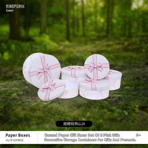 Ensemble de 6 boîtes cadeaux rondes en papier roses avec nœud, contenants décoratifs pour cadeaux et présents - Product Image 3