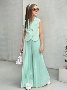 Completo Casual Primaverile per Bambine in Due Pezzi: Top Senza Maniche con Bottoni e <span class=keywords><strong>Pantaloni</strong></span> Larghi <span class=keywords><strong>Plissettati</strong></span> Traspiranti - Product Image 3