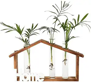 Yeni hava Retro ahşap standı duvar asılı yetiştiricilerinin 3 hidroponik bitki cam vazo ev ofis için